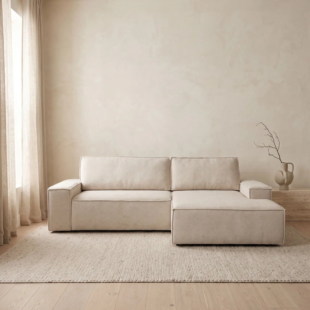 Canapé d'angle Japandi droit convertible en tissu texturé beige 267 cm - Amelia