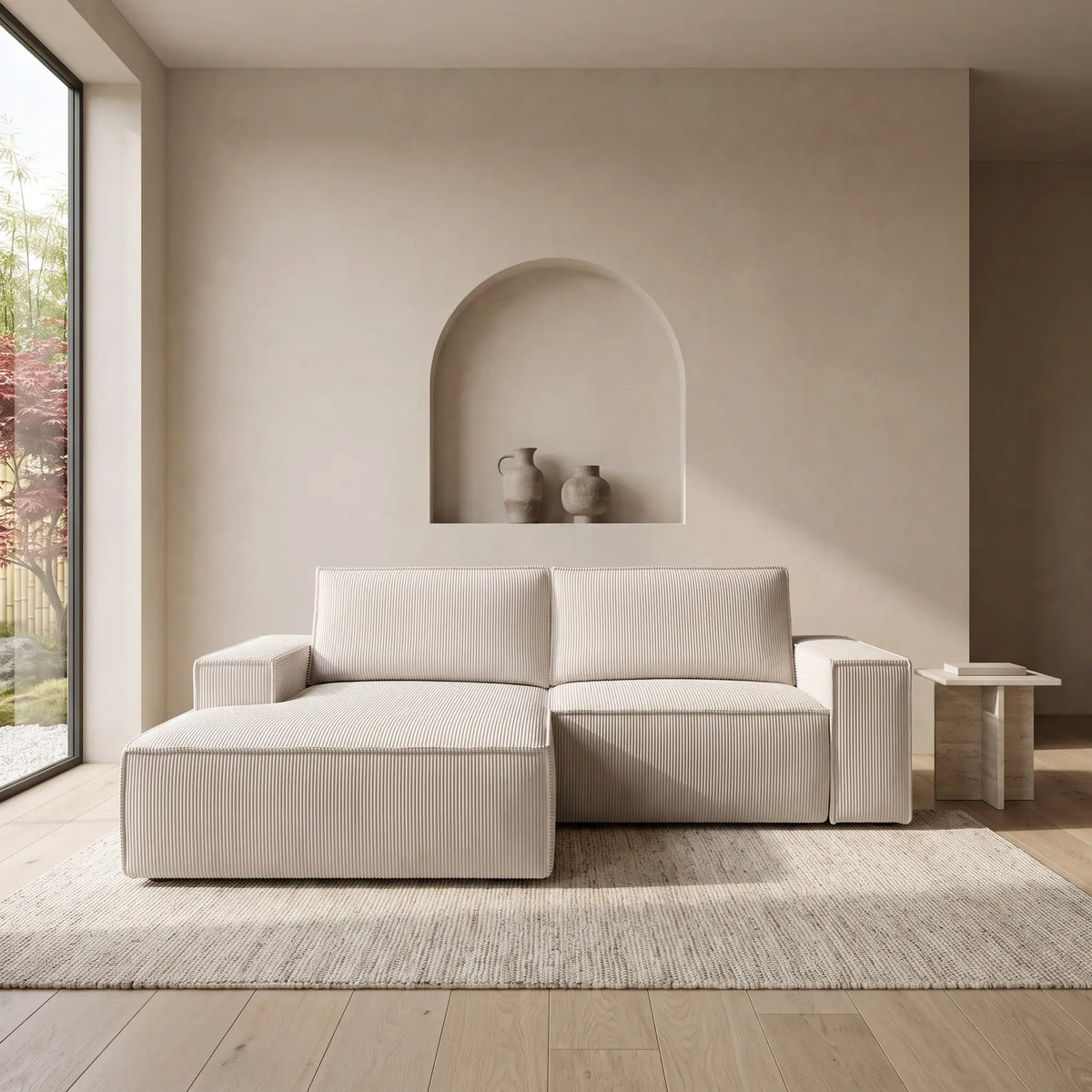 Petit canapé d'angle Japandi gauche convertible en velours côtelé beige 240 cm - Amelia