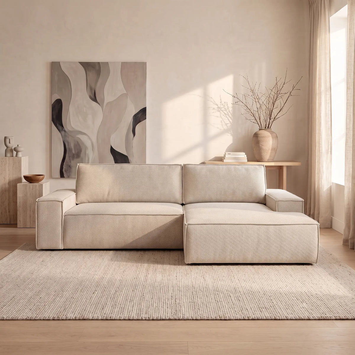 Canapé d'angle Japandi droit convertible en tissu texturé beige 267 cm - Amelia