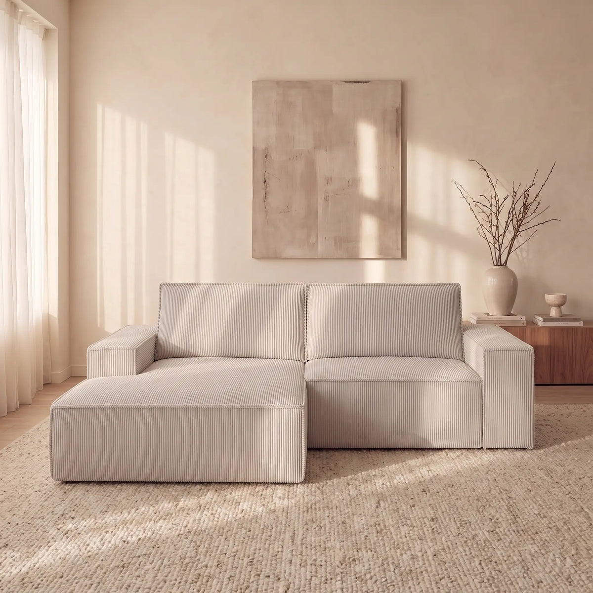 Petit canapé d'angle Japandi gauche convertible en velours côtelé beige 240 cm - Amelia