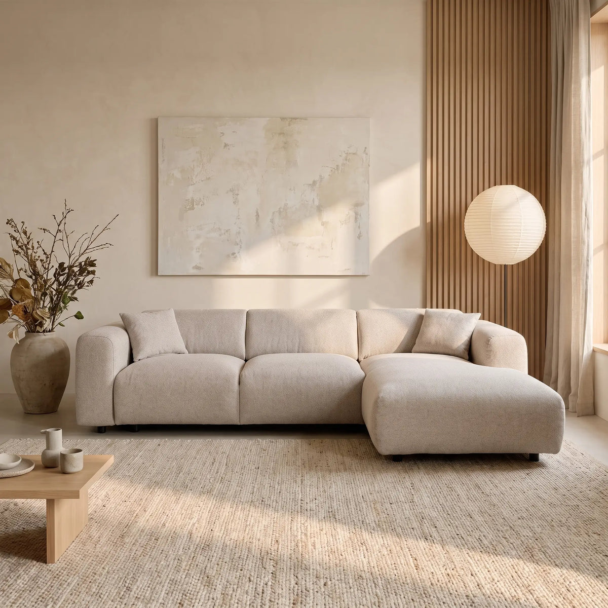 Grand canapé d'angle Japandi droit 5 places en tissu chiné beige 280 cm - Pogni