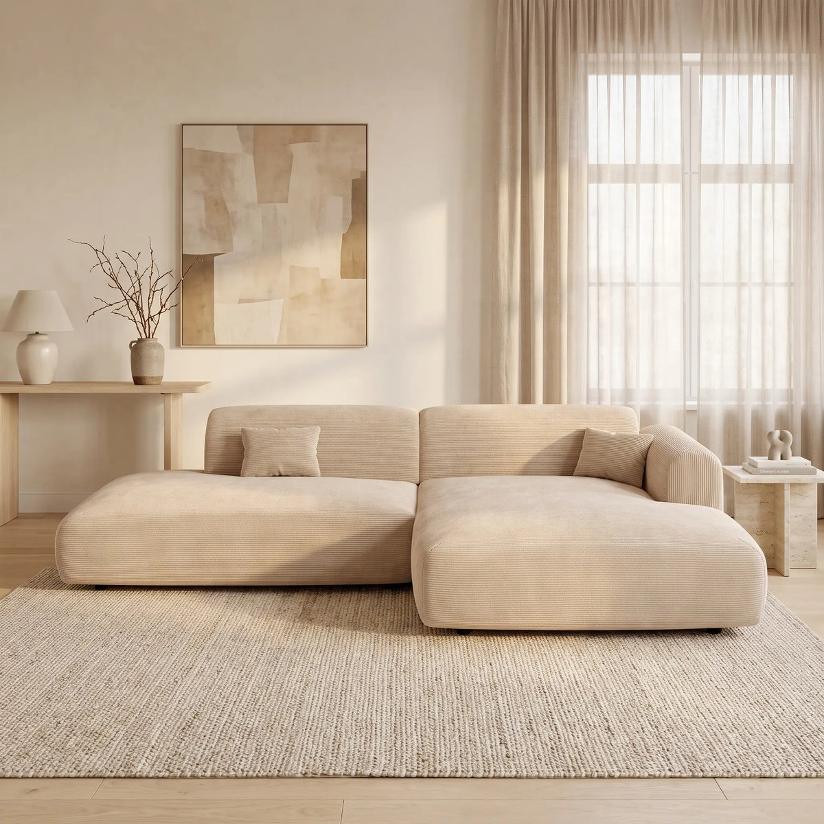 Canapé d'angle Japandi droit ouvert 5 places en velours côtelé fines côtes beige 300 cm - Pogni
