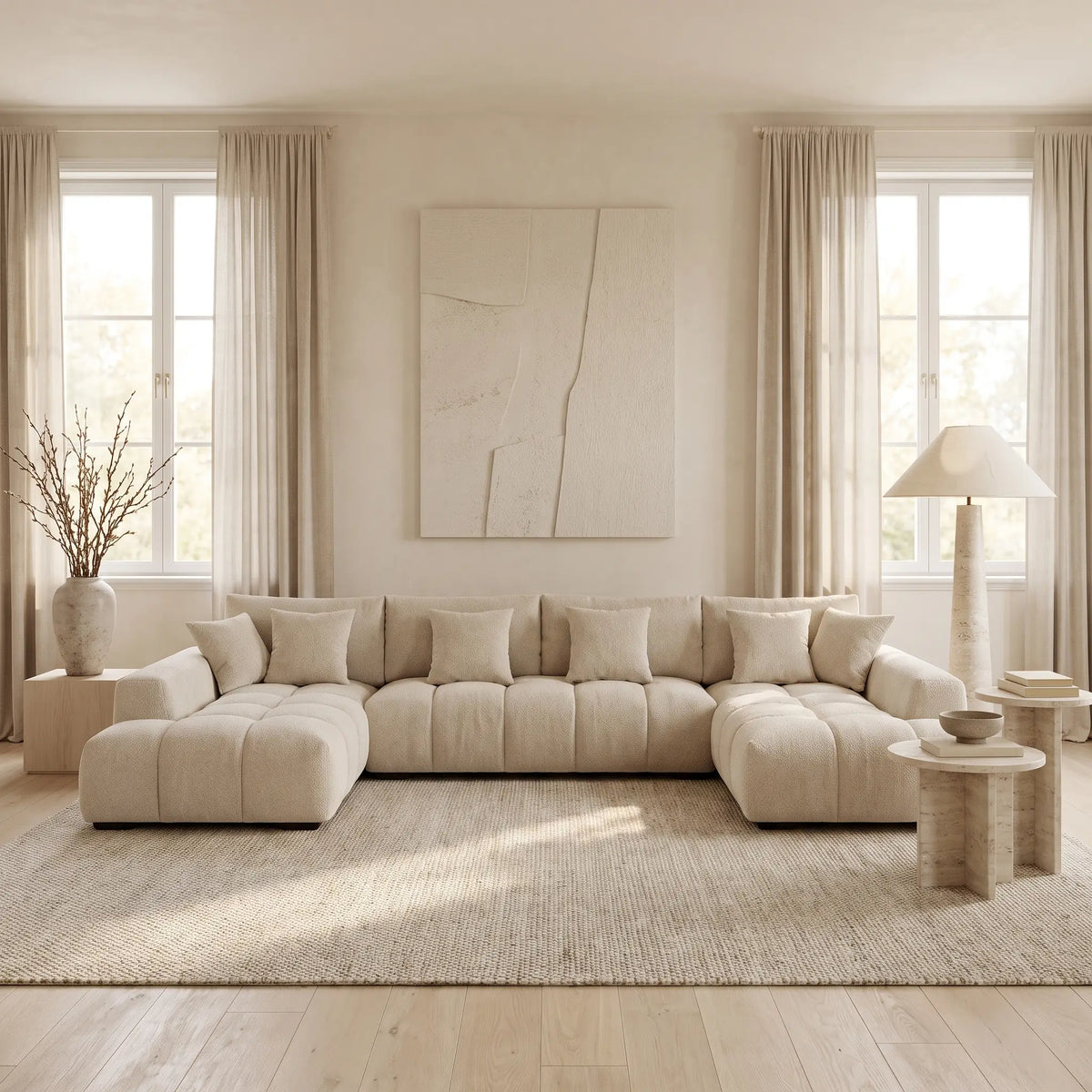 Grand canapé d'angle Japandi panoramique 7 places en tissu texturé beige 364 cm - Berenia