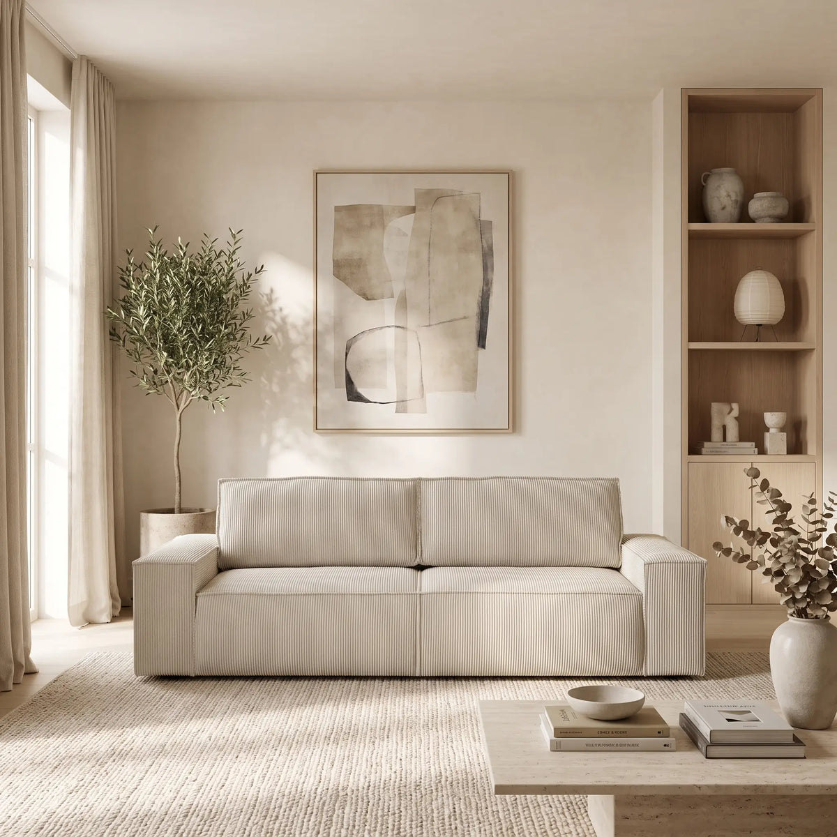Canapé Japandi 4 places convertible en velours côtelé beige 257 cm - Amelia