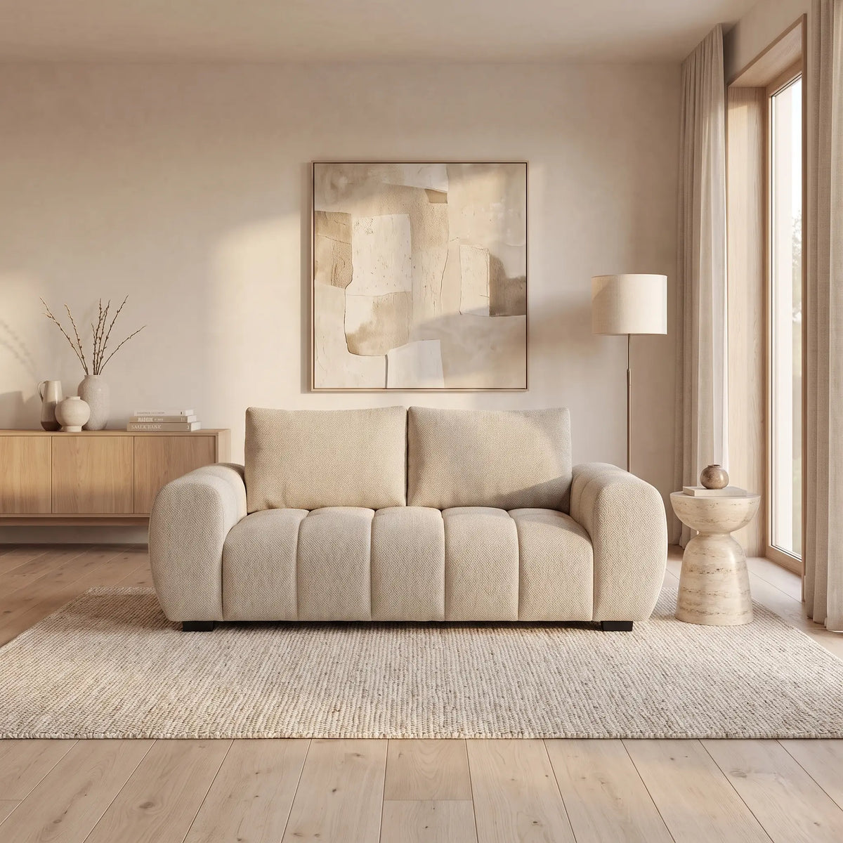 Canapé Japandi 3 places en tissu texturé beige 196 cm - Berenia