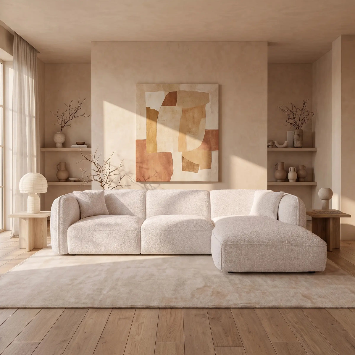 Canapé d'angle Japandi droit en tissu chenille beige 272 cm - Camilio