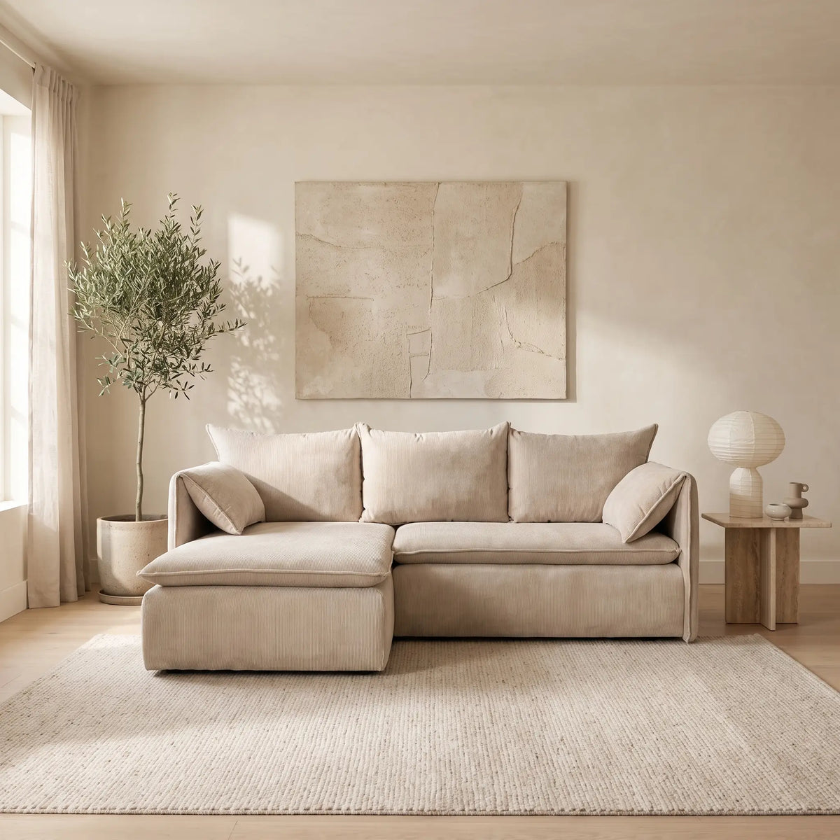Canapé d'angle Japandi gauche convertible avec pouf en velours côtelé beige 230 cm - Teodora