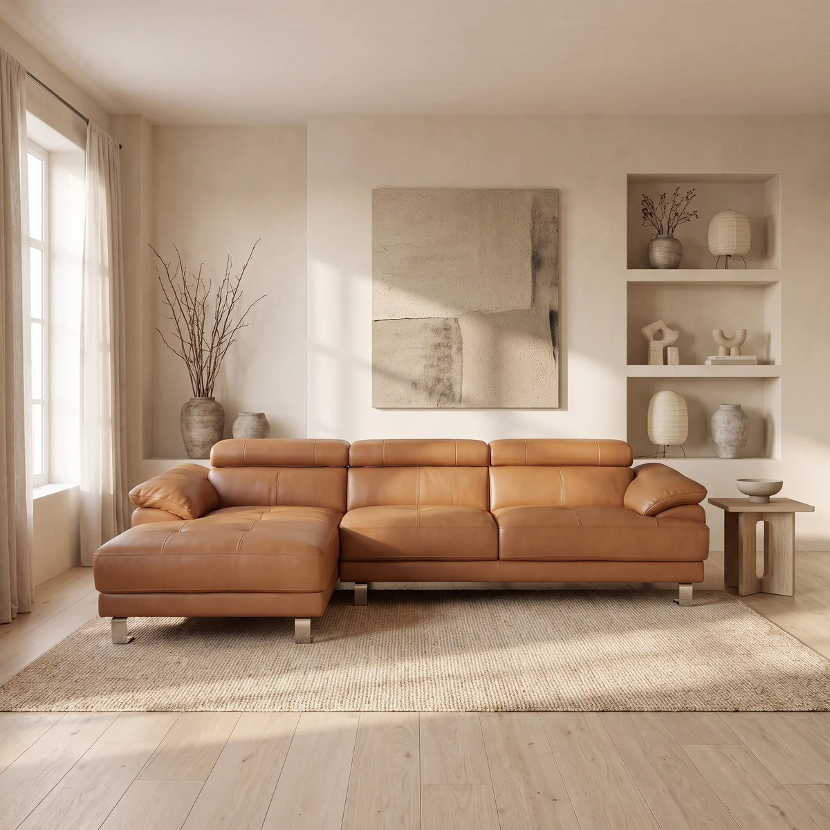 Canapé d'angle Japandi gauche en cuir camel 265 cm - Excelsiora
