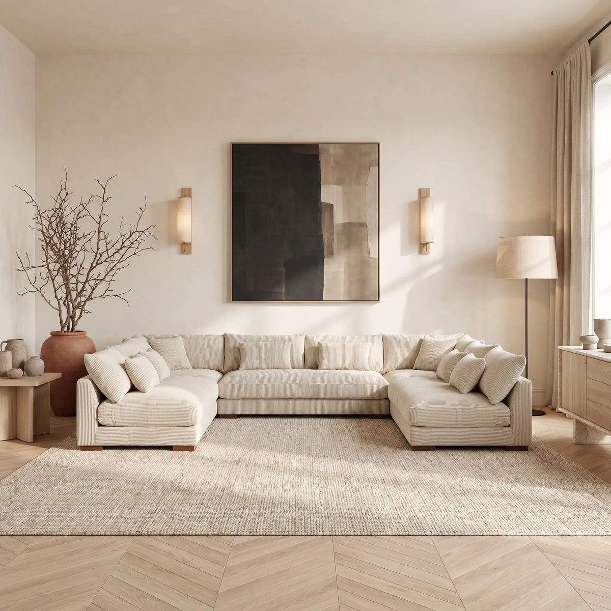 Canapé d'angle Japandi panoramique en velours côtelé beige 375 cm - Sperone