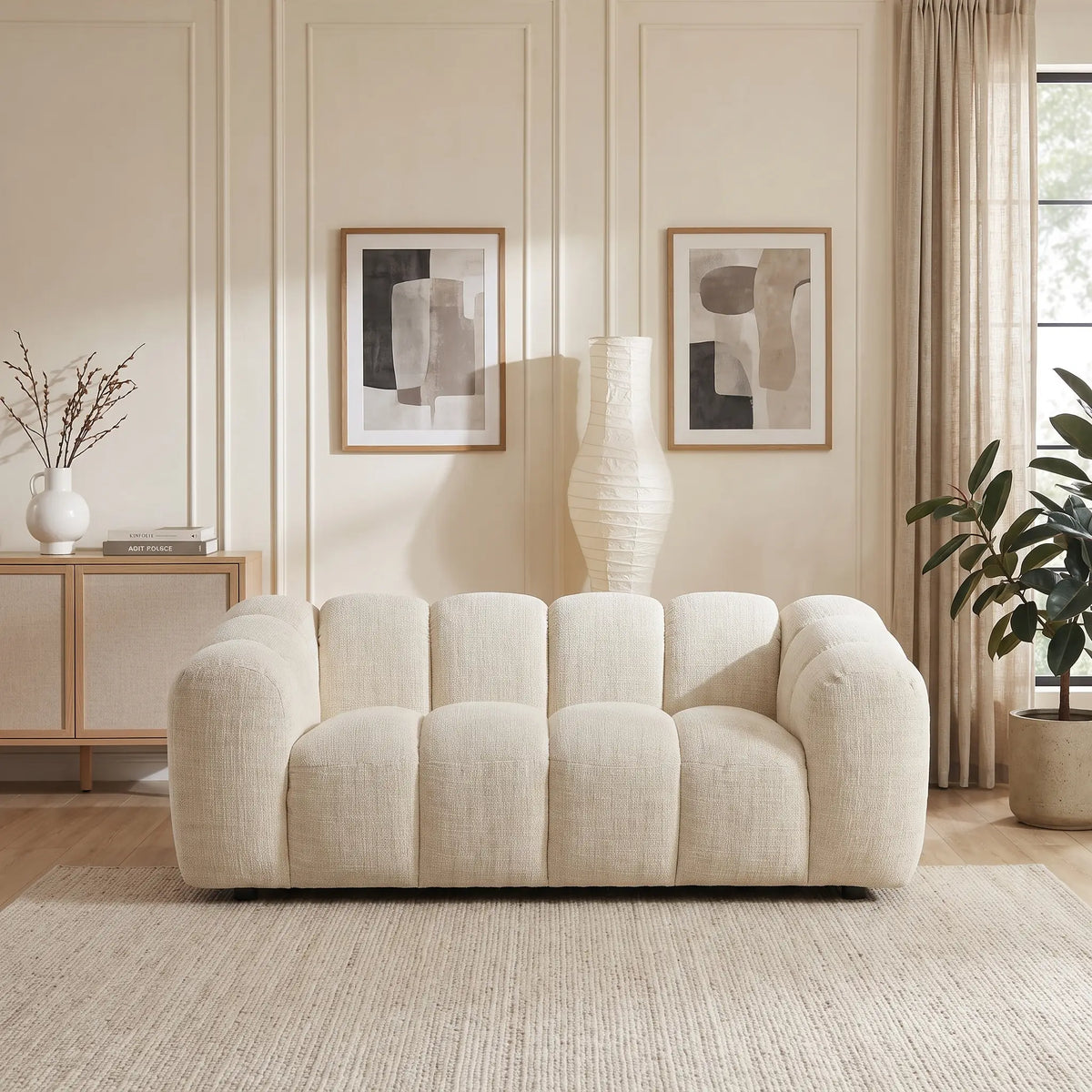 Canapé Japandi 2 places en tissu chenille beige 189 cm - Nelimar