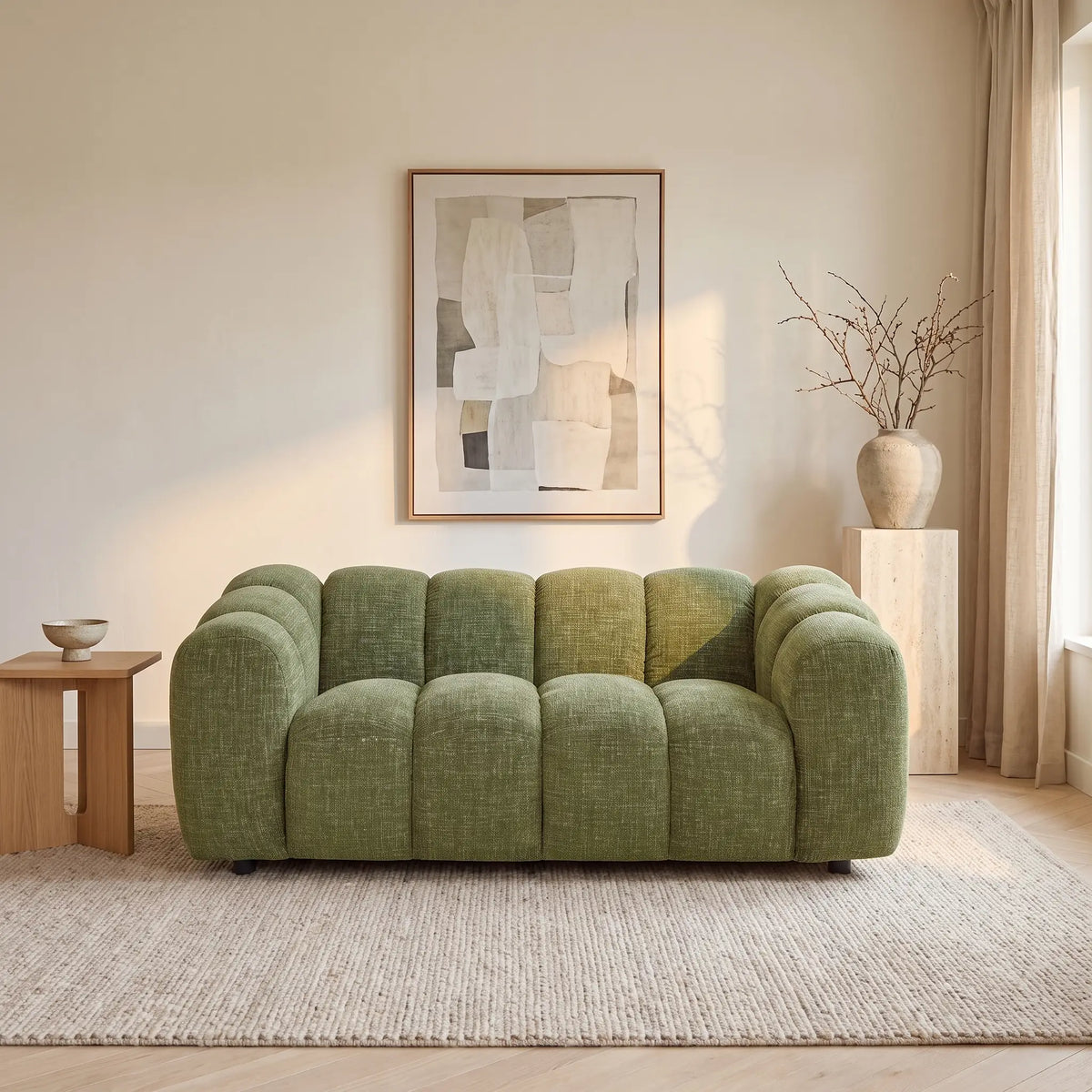 Canapé Japandi 2 places en tissu chenille vert 189 cm - Nelimar