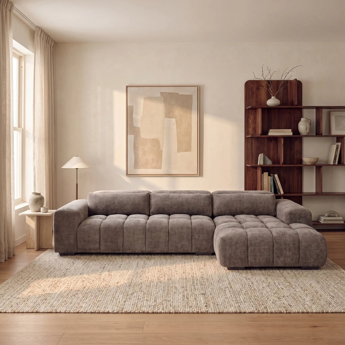 Canapé d'angle Japandi droit en tissu texturé taupe 312 cm - Loponza