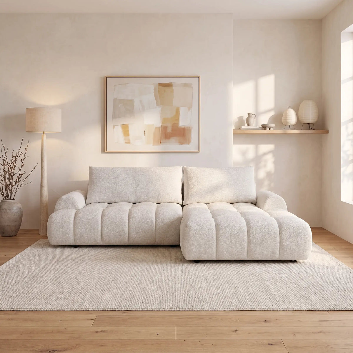 Canapé d'angle Japandi droit convertible avec coffre en tissu chenille beige 280 cm - Farneta
