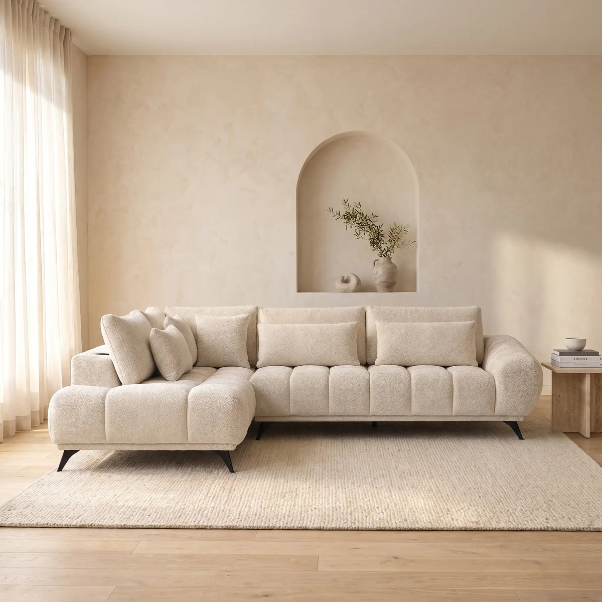 Canapé d'angle Japandi gauche à dossier relevable en velours texturé beige 285 cm - Maviro