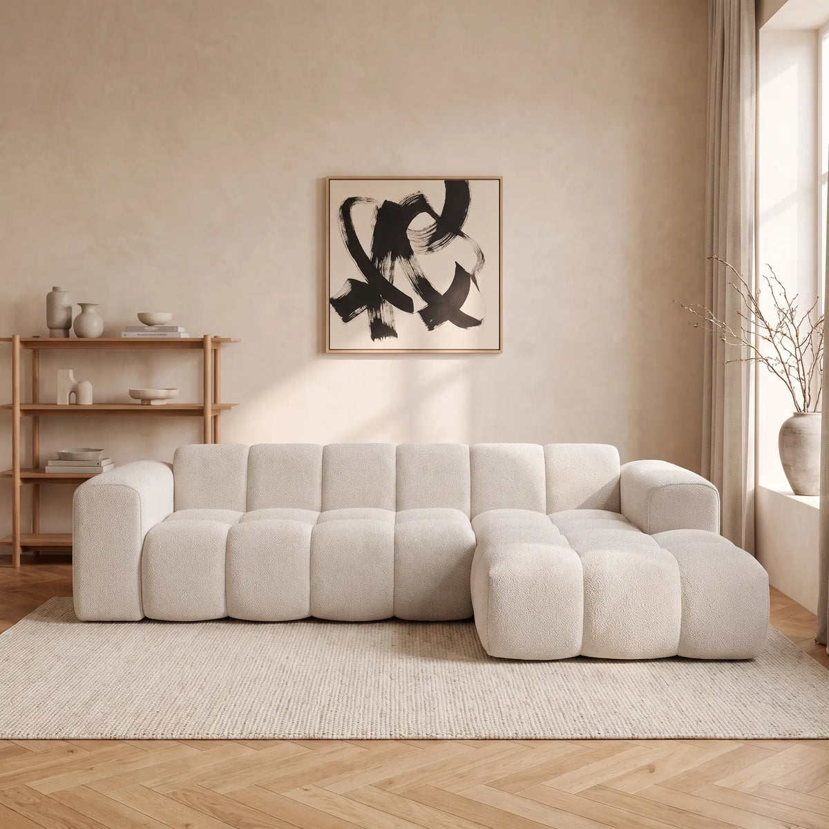 Canapé d'angle Japandi droit 4 places en tissu chenille beige 284 cm - Caleso
