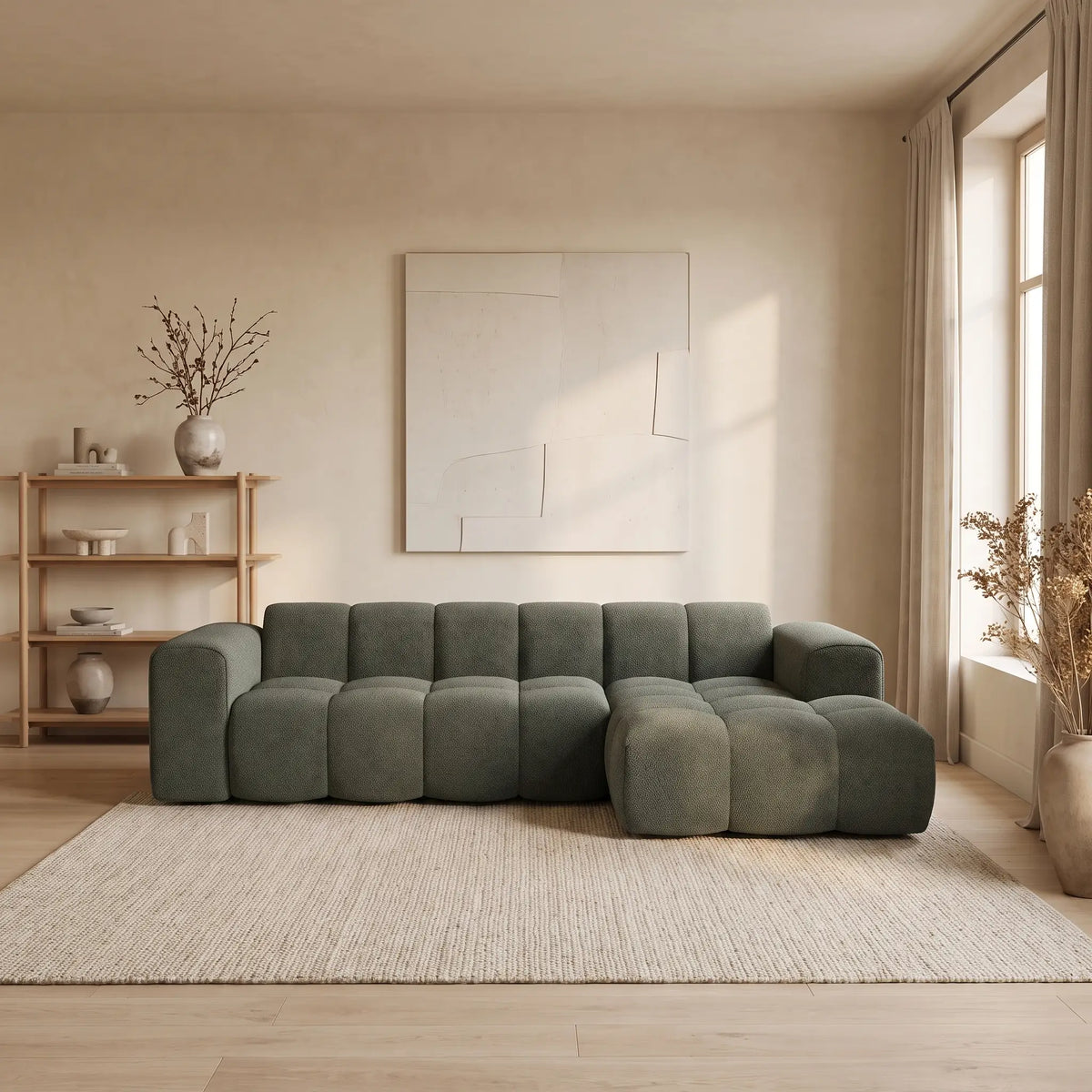 Canapé d'angle Japandi droit 4 places en tissu chenille vert 284 cm - Caleso
