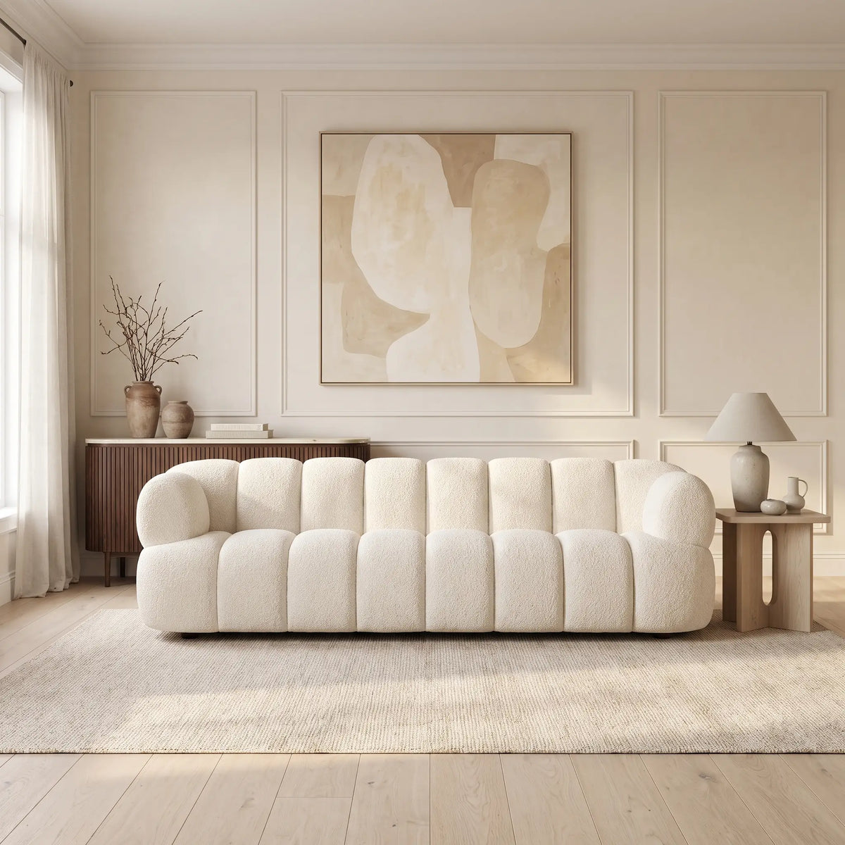 Canapé Japandi 3 places en bouclette blanc cassé 227 cm - Coliani