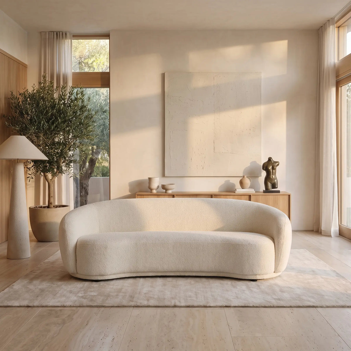 Canapé Japandi 3 places en bouclette blanc ivoire 227 cm - Bovana