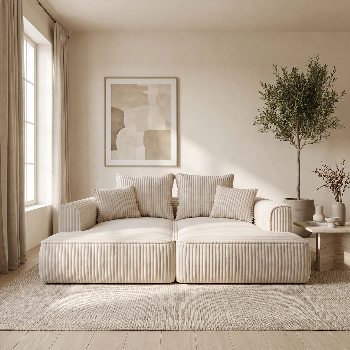 Canapé Japandi 3 places à assise profonde en velours côtelé grosses côtes beige 230 cm - Pineta