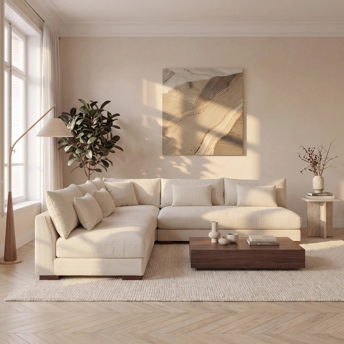 Canapé d'angle Japandi réversible en velours côtelé beige 275 cm - Sperone