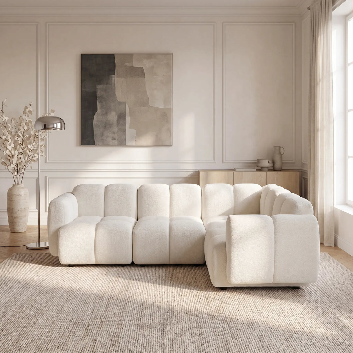 Canapé d'angle Japandi réversible modulable 4 places en tissu texturé blanc cassé 347 cm - Carlivi