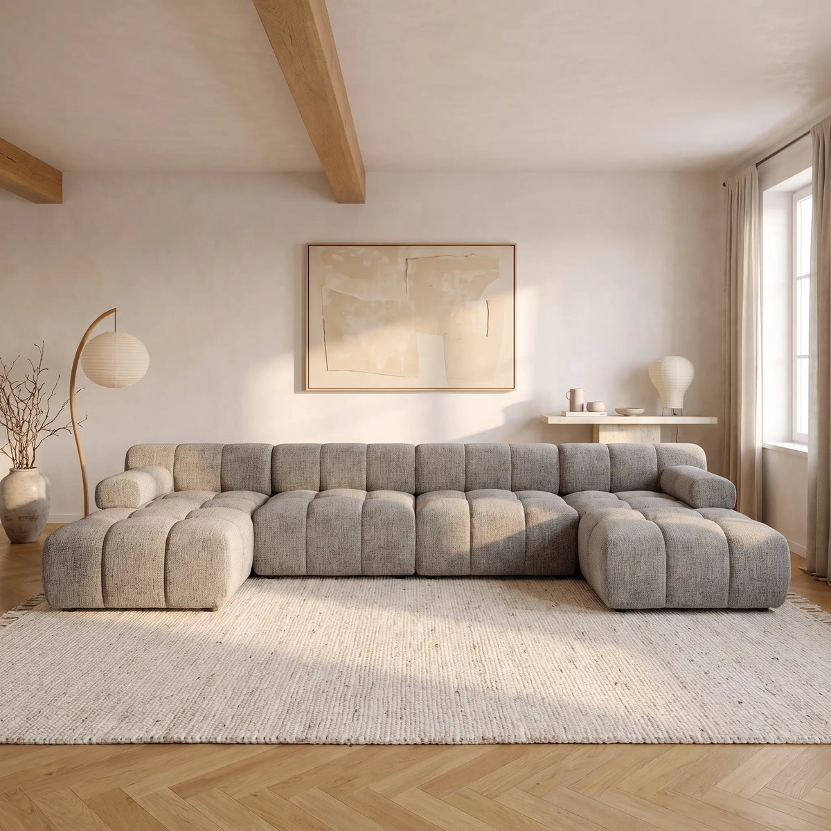Canapé d'angle Japandi panoramique modulable 7 places en tissu chiné taupe 376 cm - Facivil
