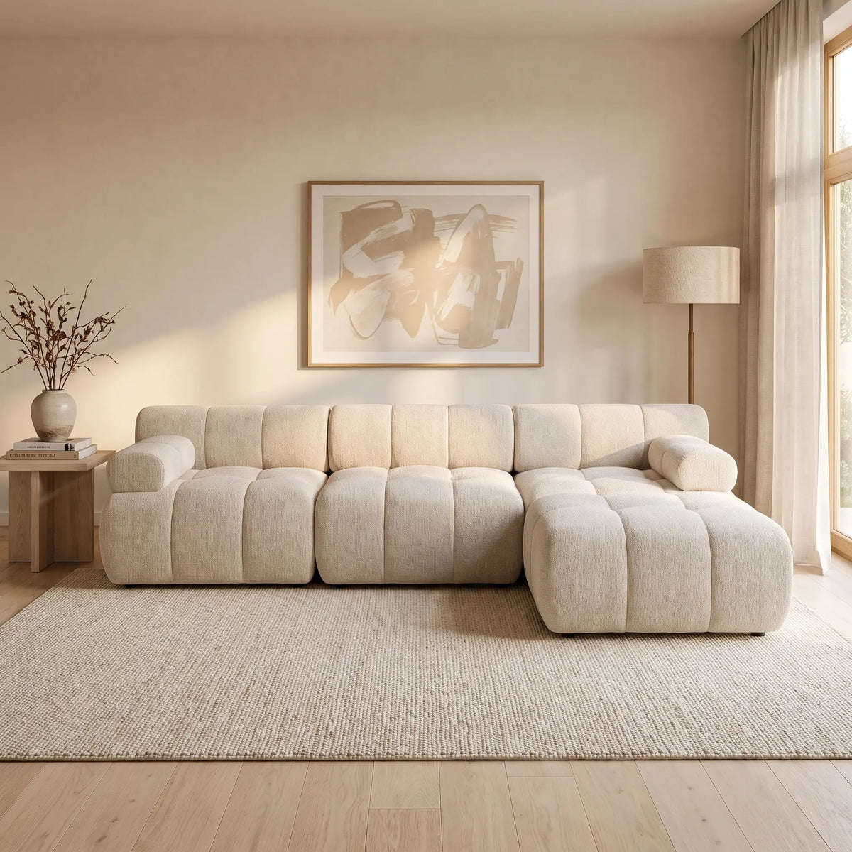 Canapé d'angle Japandi droit modulable 5 places en tissu chiné beige 282 cm - Facivil