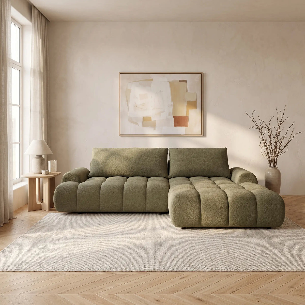 Canapé d'angle Japandi droit convertible avec coffre en tissu chenille vert 280 cm - Farneta