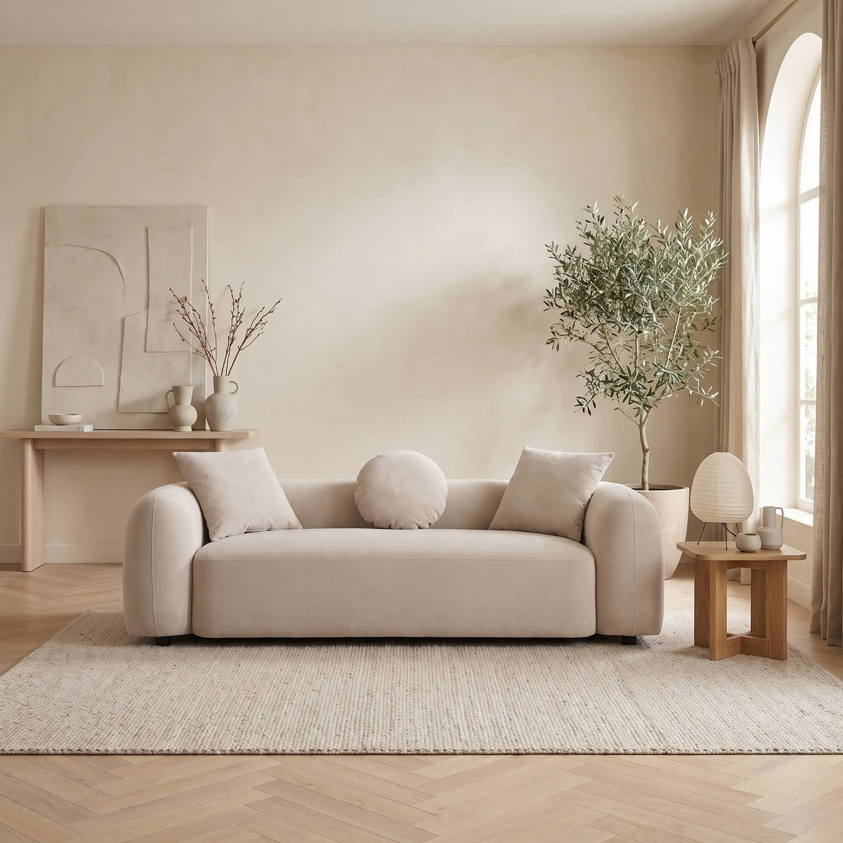 Canapé Japandi 3 places en tissu beige 229 cm - Oxila