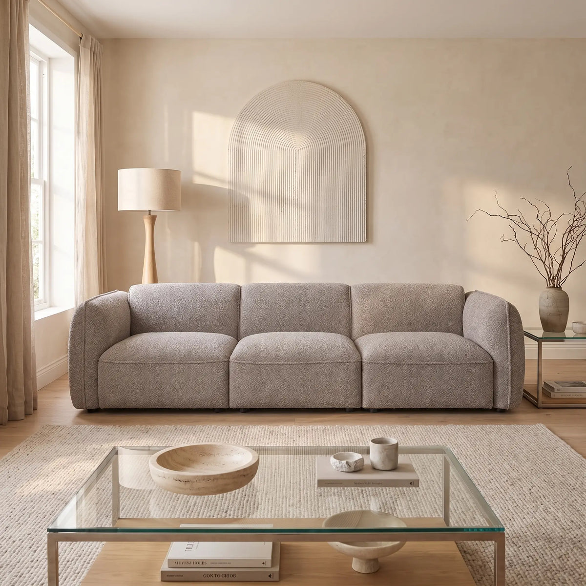 Canapé Japandi modulable 3 places en tissu chenille taupe 271 cm - Camilio