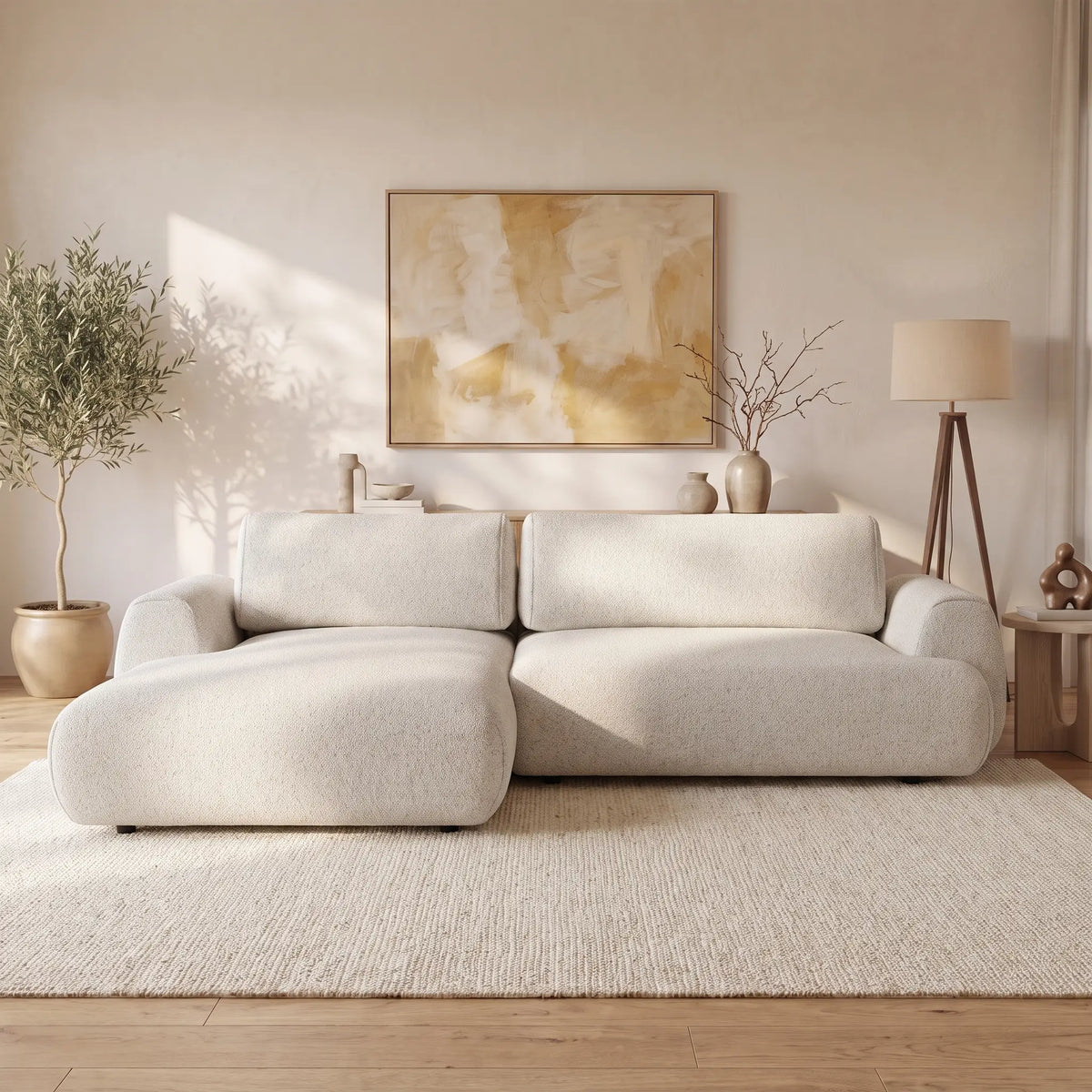 Canapé d'angle Japandi gauche convertible avec coffre en tissu chiné beige 270 cm - Monelia