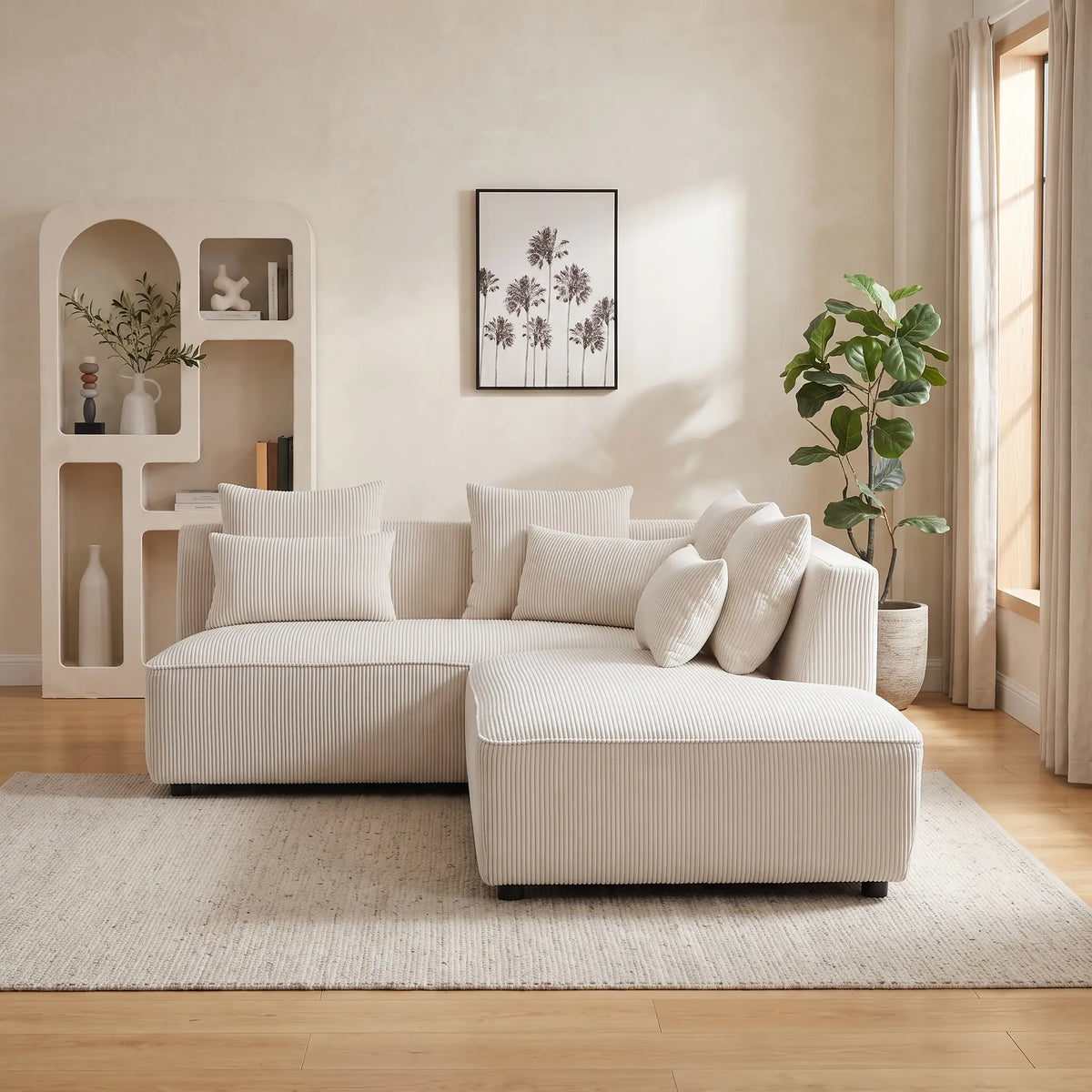 Petit canapé d'angle Japandi droit 4 places en velours côtelé beige 185 cm - Mecodi