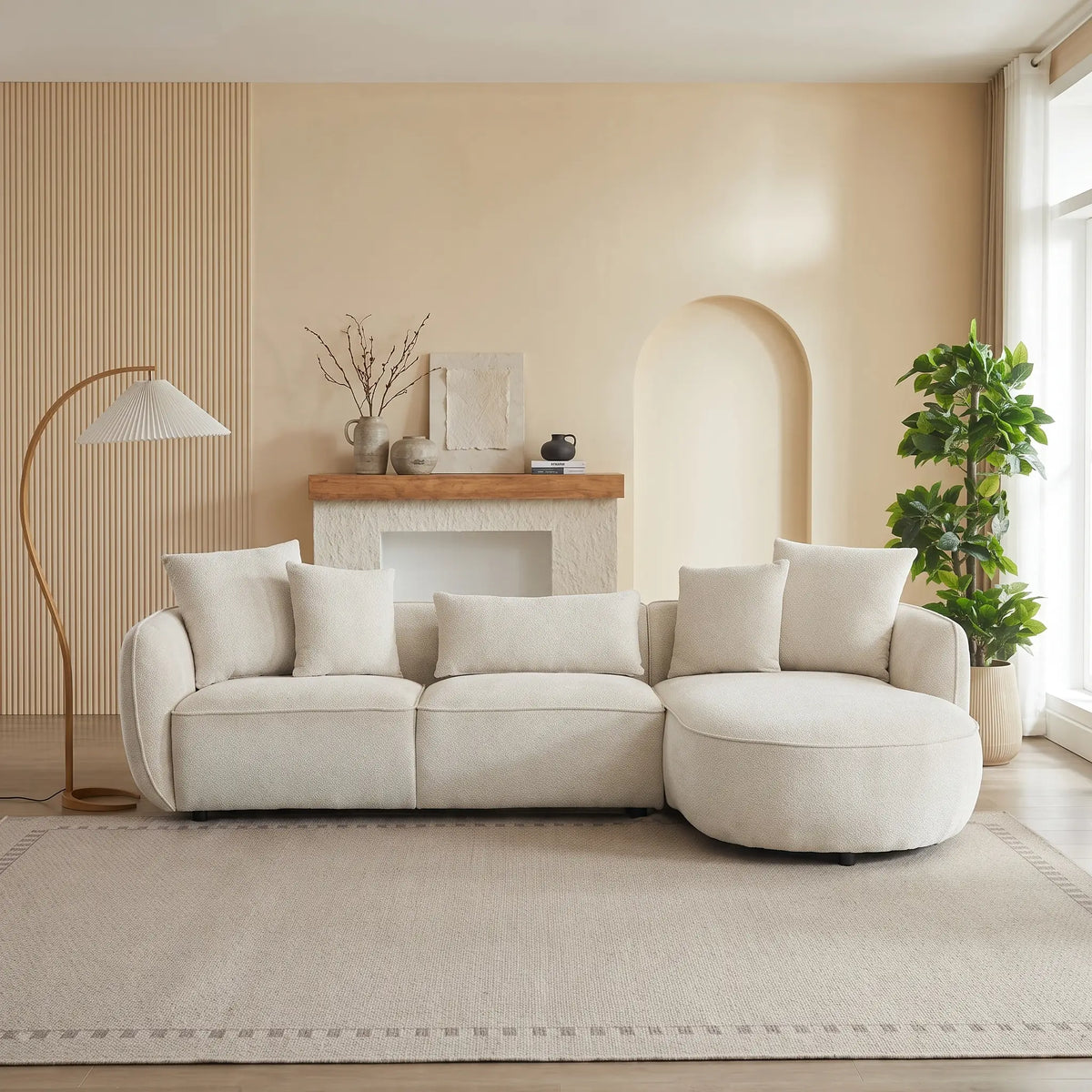 Canapé d'angle Japandi droit 5 places en tissu chenille beige 296 cm - Dokalo