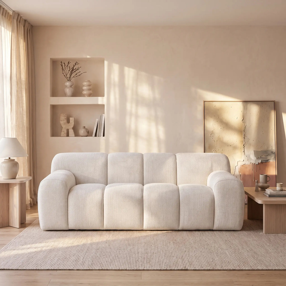 Canapé Japandi 3 places en tissu chenille beige 200 cm - Atuju