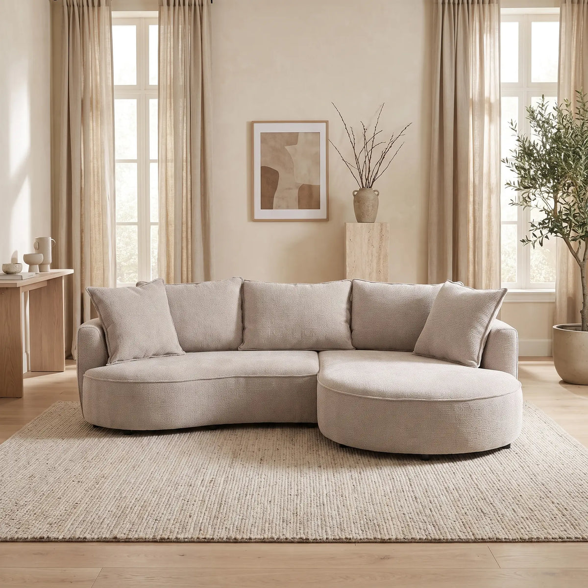 Canapé d'angle Japandi droit 5 places en tissu chenille taupe 260 cm - Ceprano