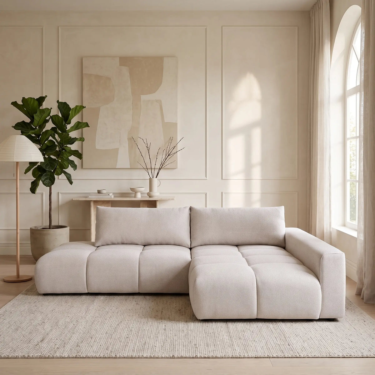Canapé d'angle Japandi droit ouvert convertible avec coffre en tissu texturé beige 282 cm - Minturno
