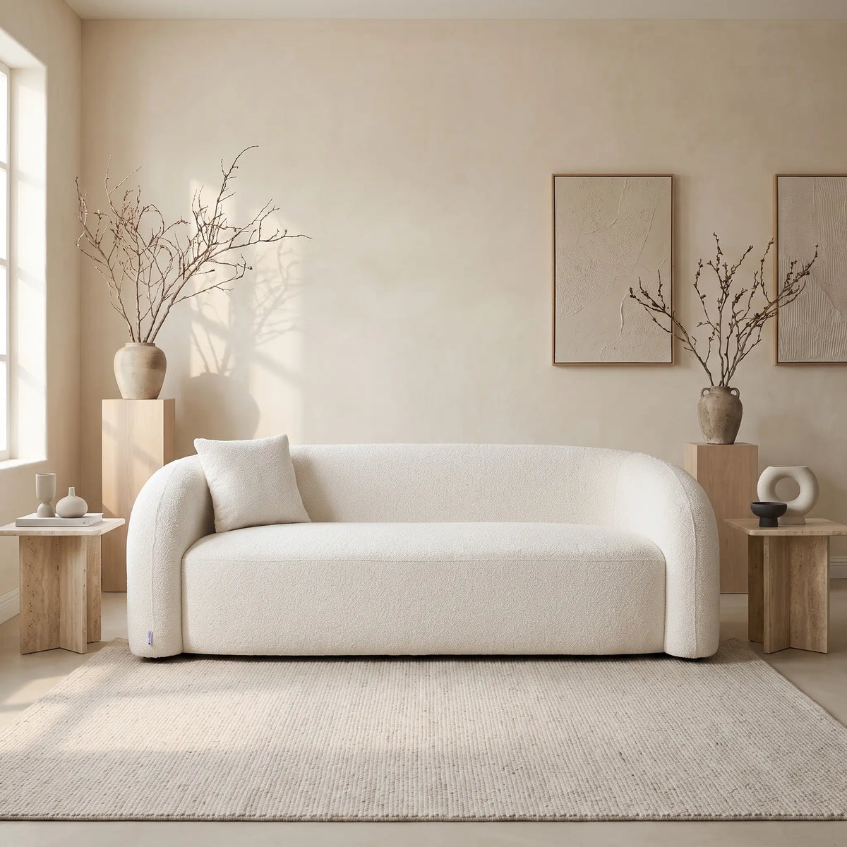 Canapé Japandi 3 places en bouclette blanche 220 cm - Lapiota