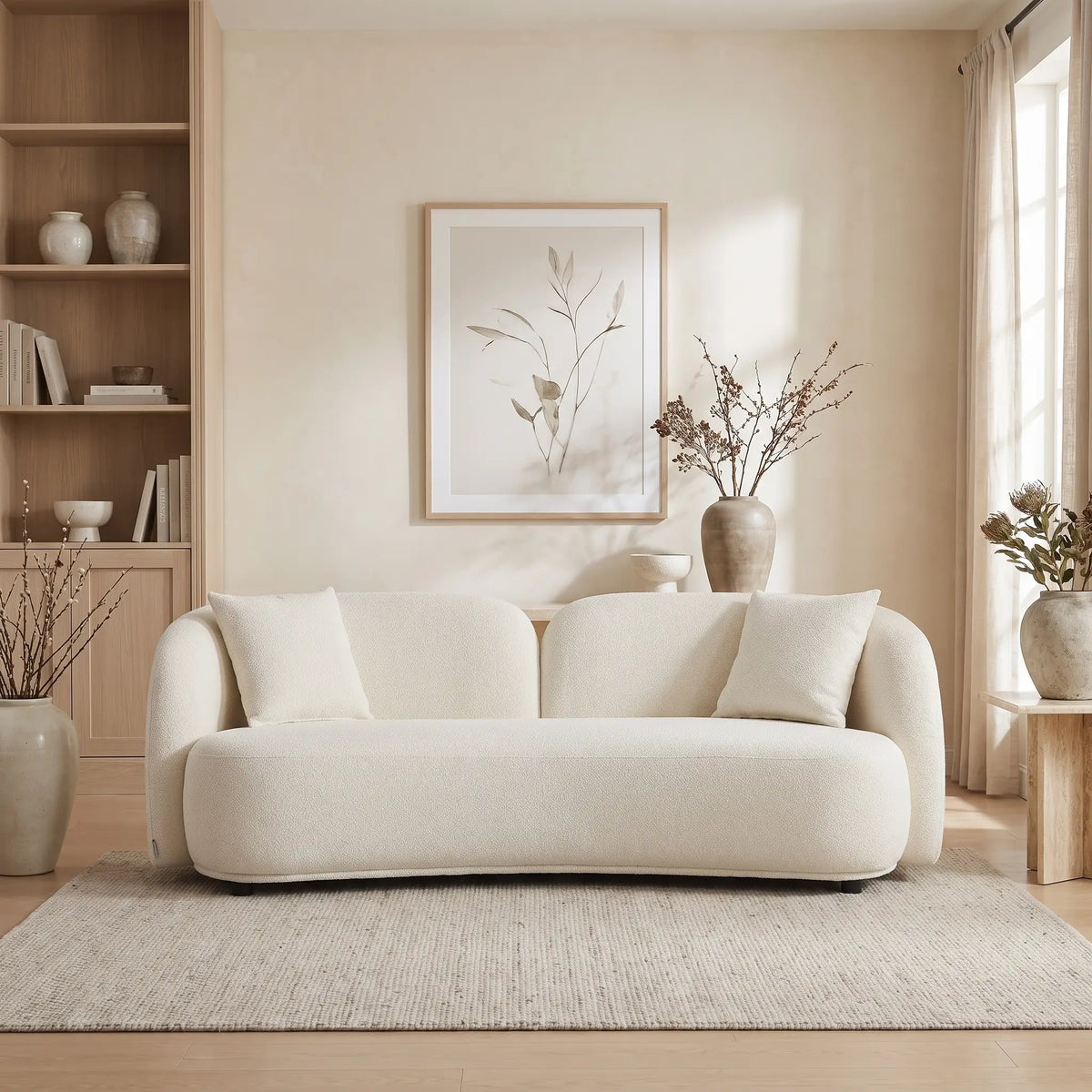 Canapé Japandi 3 places en bouclette blanche 226 cm - Linoria