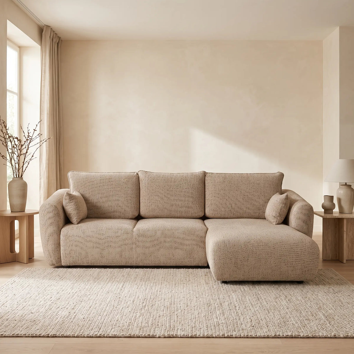 Canapé d'angle Japandi droit convertible avec coffre en tissu chiné beige 255 cm - Santi
