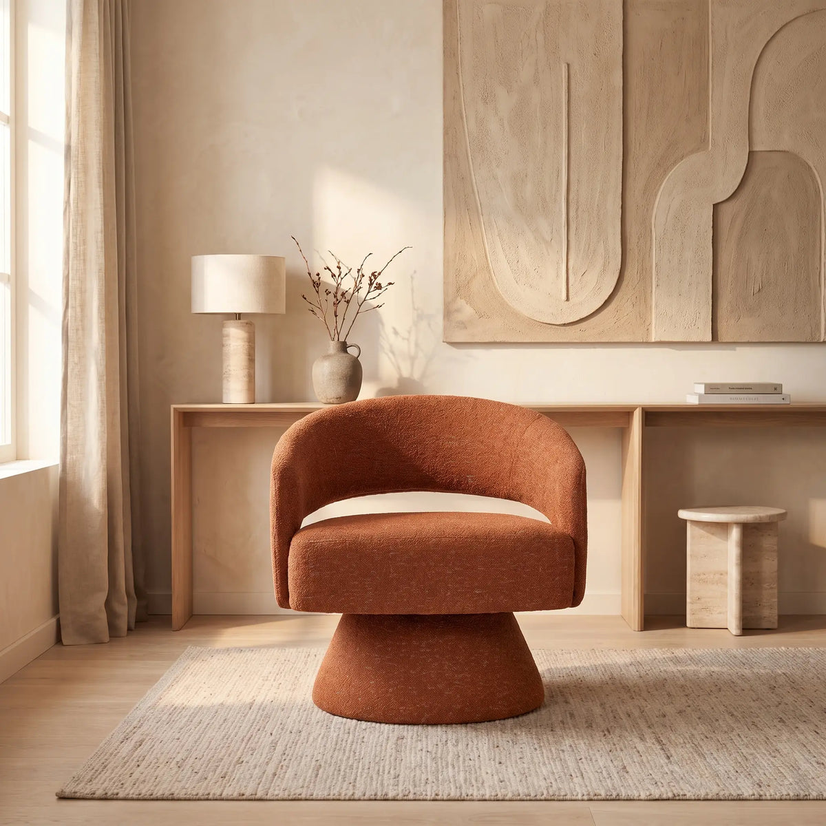Fauteuil Japandi pivotant en tissu chenille terracotta - Fedote