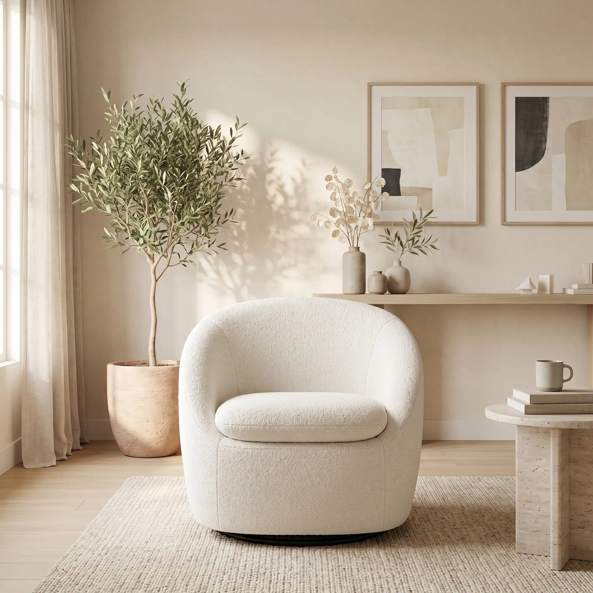 Fauteuil Japandi pivotant en tissu bouclette blanc - Netalio