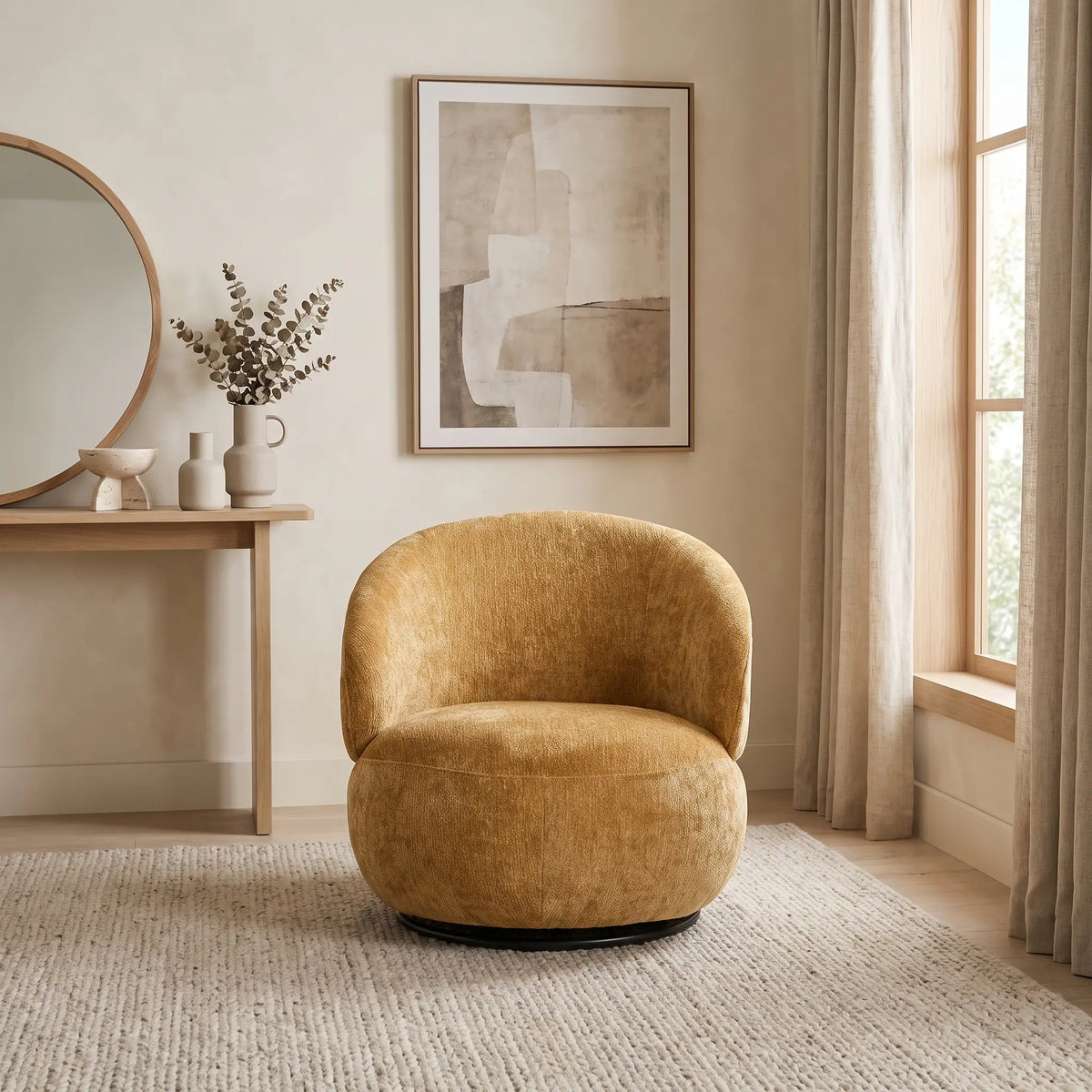 Fauteuil Japandi pivotant rond en tissu texturé jaune moutarde - Lacazo