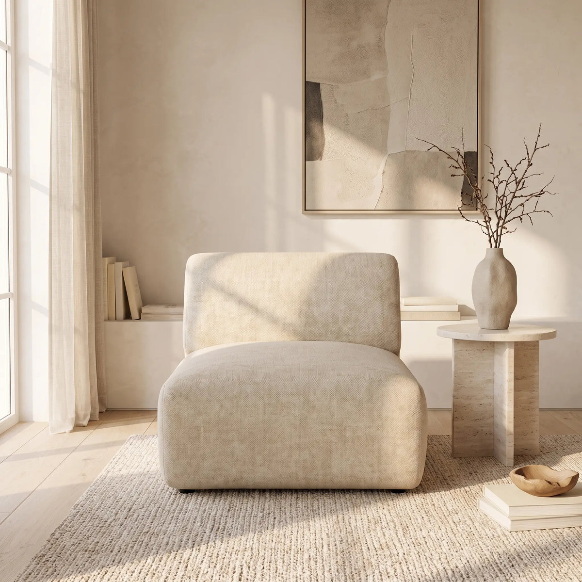 Fauteuil Japandi modulable en tissu beige - Pogni
