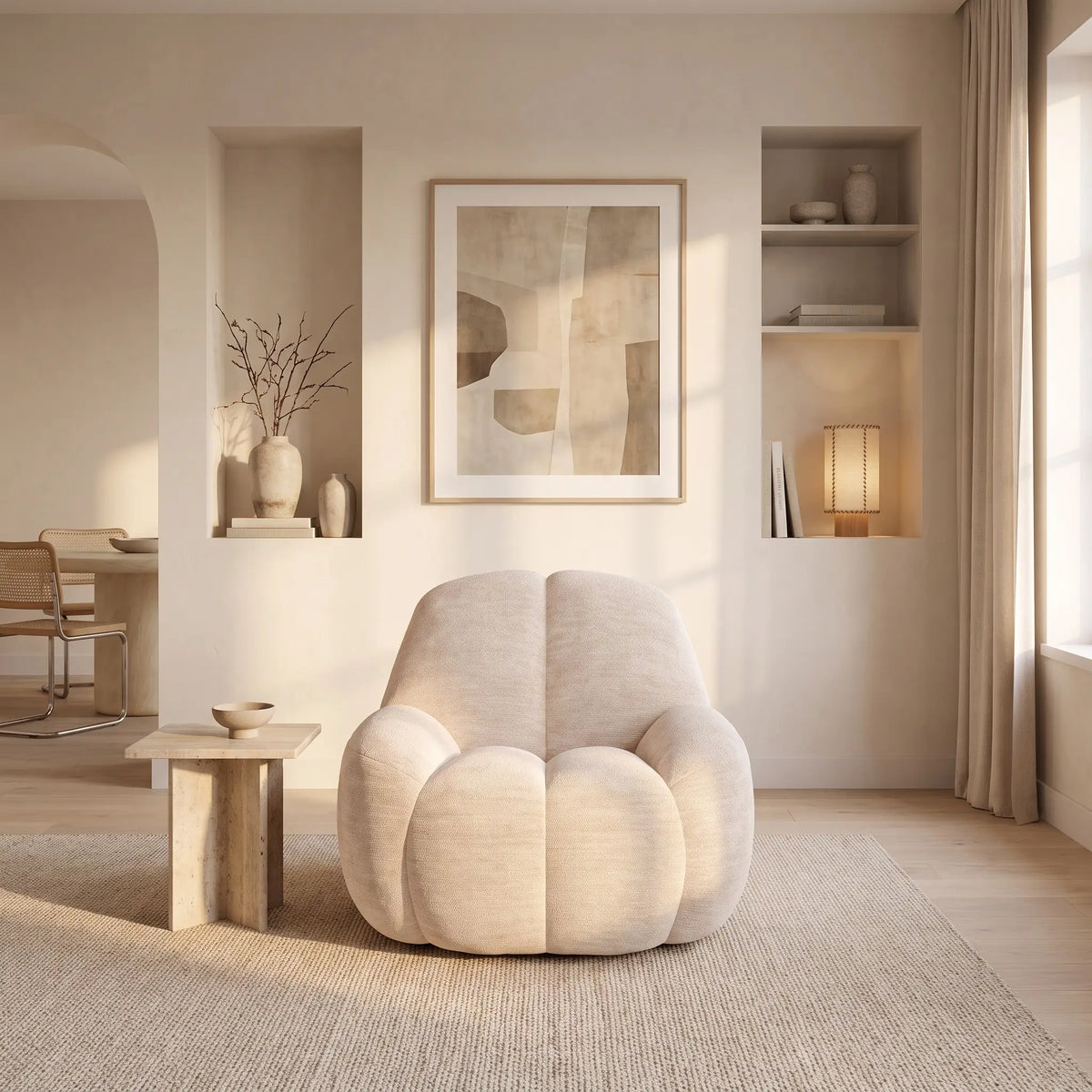 Fauteuil Japandi compressé en tissu texturé beige - Toriavi