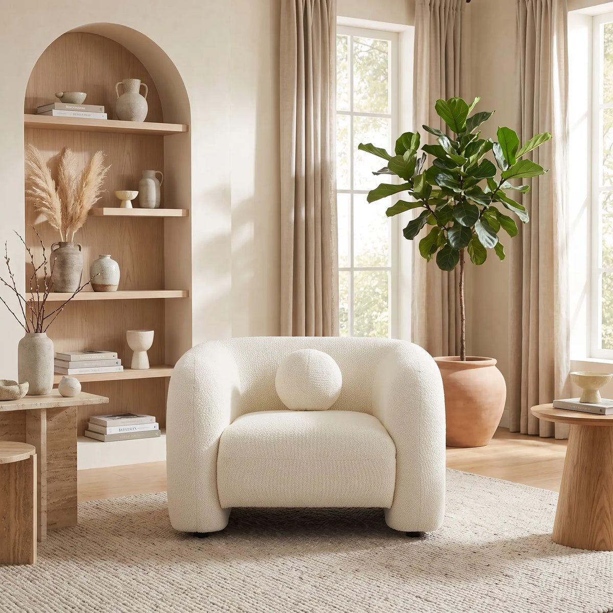Fauteuil Japandi arrondi en tissu bouclette blanc ivoire - Ovotas