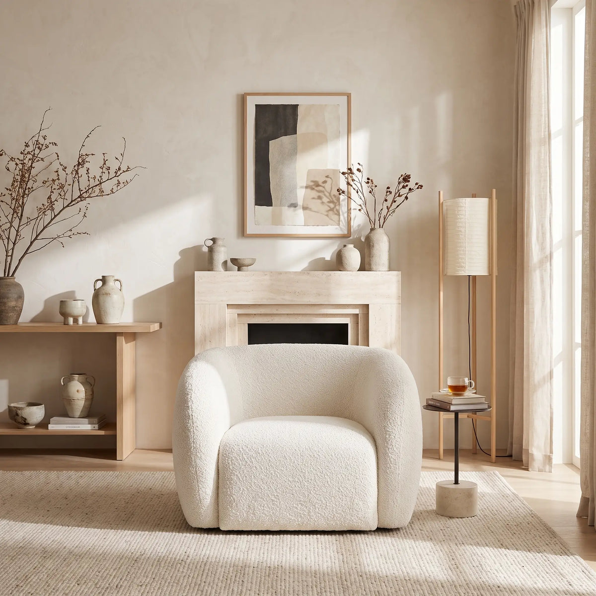 Fauteuil Japandi crapaud en tissu bouclette blanc - Washington