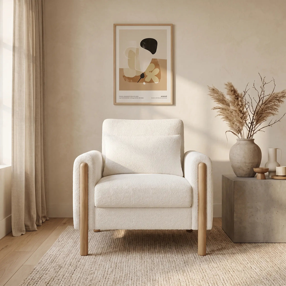 Fauteuil Japandi en bois massif et velours teddy blanc