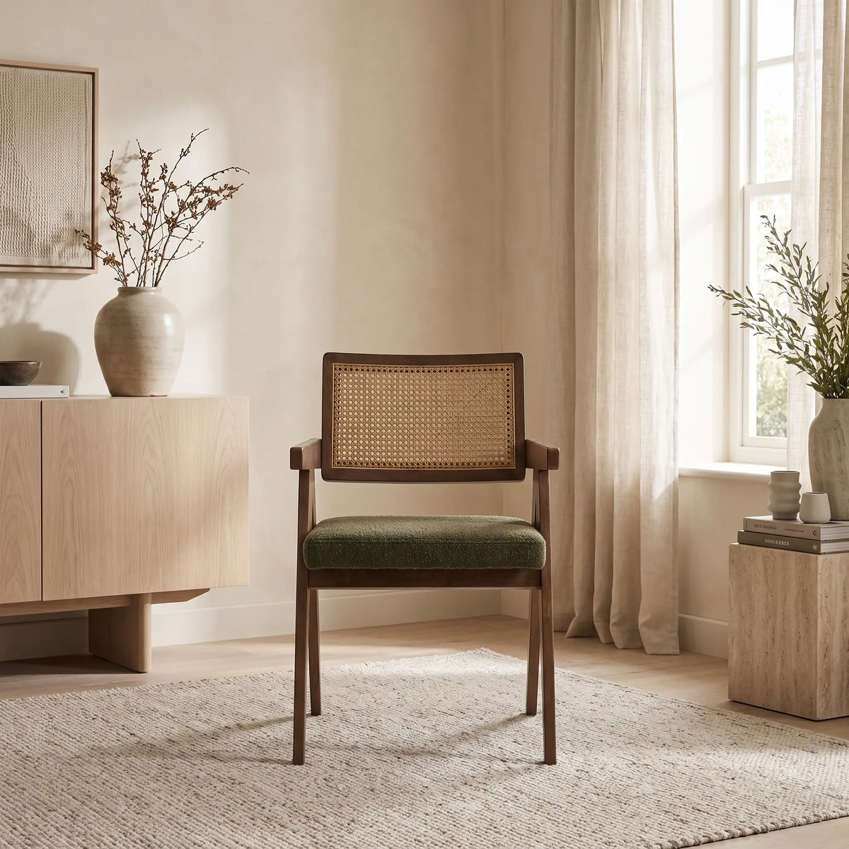 Lot de 2 chaises Japandi en bois marron foncé et tissu vert - Ava