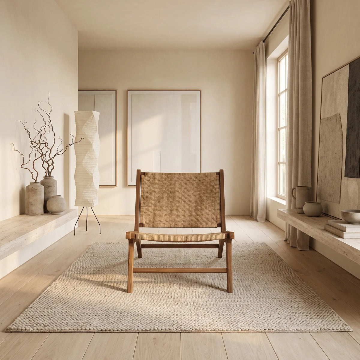 Fauteuil Japandi en bois de teck et rotin tressé naturel - Kilka