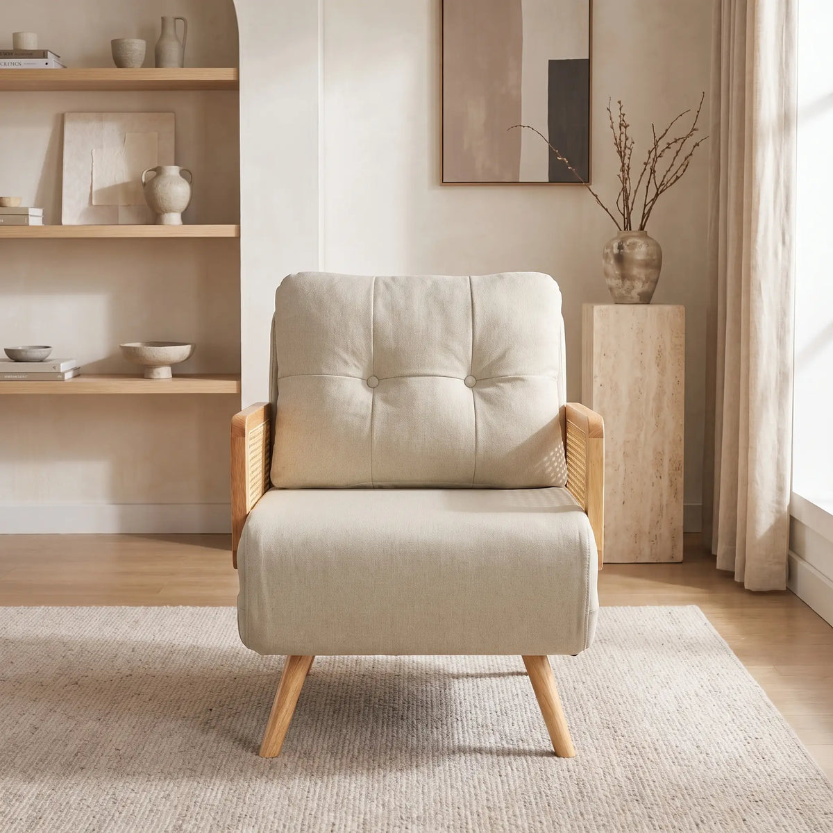 Fauteuil Japandi convertible 3 en 1 en bois massif et lin beige